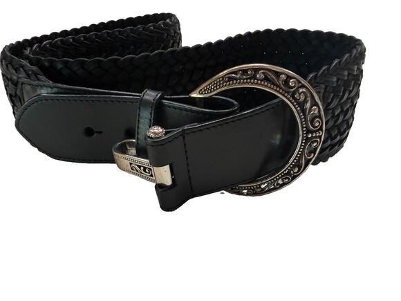 Brighton Accessories - Brighton B30873 Black Braided Leather Belt Silver Scroll Buckle Boho Western EUC